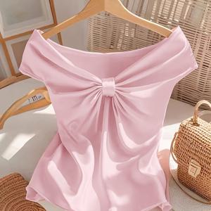 TEMU 여성용 우아한 오프숄더 나비 매듭 단색 티셔츠, 여름 스타일