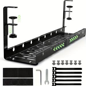 TEMU 1개 조절 가능한 무드릴 금속 케이블 정리 트레이, 책상 아래 전선 정리기, 확장형 클램프 전선 정리기와 접이식 멀티탭 홀더 포함, 렌치 및 케이블 타이 제공, 코드 및 책상 정리에 이상적, 케이블 정리용