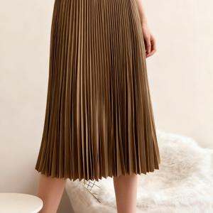 TEMU 여성용 카키색 플리츠 미디 스커트. 하이웨이스트, 아코디언 플리츠 드레이프가 있는 중간 기장 스커트, 가을 및 겨울용으로 완벽. 일상 출퇴근, 쇼핑 및 기타 캐주얼한 행사에 이상적