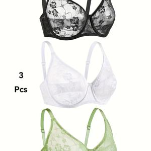 TEMU 여성용 레이스 플러스 사이즈 3개 세트, 언더와이어 홀아웃 시스루 브라, 여성 속옷 섹시 란제리 BH 상의