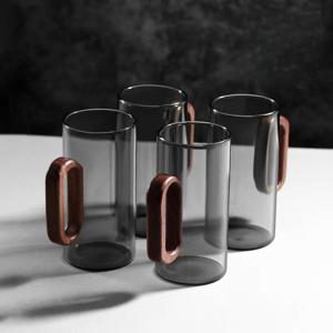 TEMU 2/ 4/ 6개 그레이 유리컵, 고강도 붕규산 내열성 호두나무 손잡이 - 360ml 미끄럼 방지 티 커피 머그 세트, 라떼 머그, 아메리카노, 카푸치노, 티백, 식기세척기 사용 가능 모던 드링크웨어, 홈바용