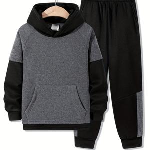 TEMU 투피스 세트 - 남아용 스타일리시하고 캐주얼한 스포츠 의상, 클래식한 가을/겨울 컬러 블록 후드티와 긴 바지로 구성되어 있어 투피스처럼 보이며 야외 활동에 적합합니다.