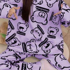 TEMU 여성 가을 겨울 보라색 곰돌이 만화 귀여운 캐주얼 라운드넥 긴팔 긴바지 잠옷 세트