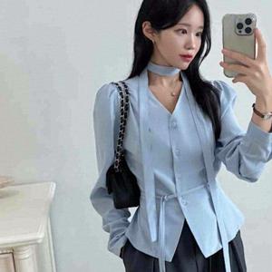 TEMU 개인 맞춤 V넥 패션 홀터넥 디자인 허리 슬리밍 셔츠