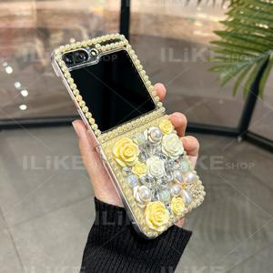 TEMU 휴대폰 케이스 - 갤럭시 Z Flip7/Z Flip 6/Z Flip5/Z Flip7 FE용 고급 수제 휴대폰 케이스, 우아한 장미 꽃무늬와 샴페인 펄 레진 특징, 스타일리시한 여성들의 새로운 룩에 완벽