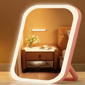 TEMU LED 메이크업 거울, 전면 조명 화장대 거울, 3가지 조명 모드 충전식 화장품 거울, 모던 스타일 배터리 내장 터치 컨트롤, 휴대용 접이식 컴팩트 거울, 조명 여행용 화장대 화장품, 학생 기숙사 일상 사용