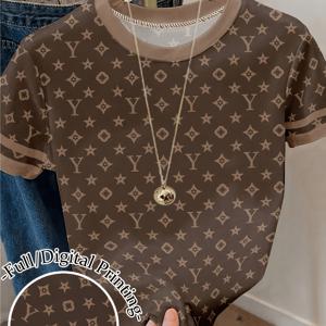 TEMU 방향성 여성 레터 프린트 기하학 패턴 루즈 라운드넥 반팔 티셔츠, 봄 여름 캐주얼 편안한 상의, 2026년 선물