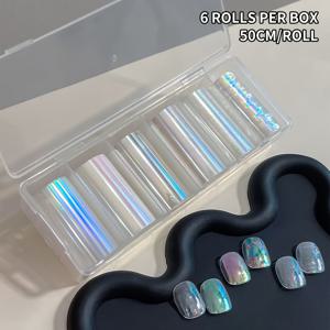 TEMU 오로라 판타지 네일 전사지 6롤/박스, 폭발적인 글리터 편광 6색 네일 데코 스티커 - DIY 레이저 전사 데칼용