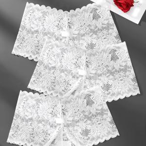 TEMU 3개 여성 패션 플로럴 레이스 팬티 벨트 없는 웨이브 헴 트렌디, 순수한 감각, 편안함, 부드러움, 우아한 화이트 색상, 사계절용, , 데이트, 해변 나들이, 또는 로맨틱 선물로 완벽한 여성 속옷