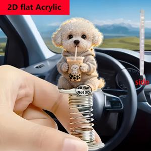 TEMU 미끌미끌한 밀크티를 즐기는 사랑스러운 비숑 강아지 모양의 2D 아크릴 차량 장식품. 차량 대시보드에 완벽하게 어울리는 이 흔들리는 장식품은 집이나 사무실을 위한 매력적인 데스크탑 액세서리 역할도 하실 수 있습니다.