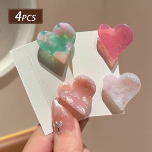 TEMU 여성용 멀티 컬러 아세테이트 마블 패턴 하트 헤어 집게 클립 4개 세트, 심플 빈티지 앞머리 집게 클립, 데일리용 헤어 액세서리