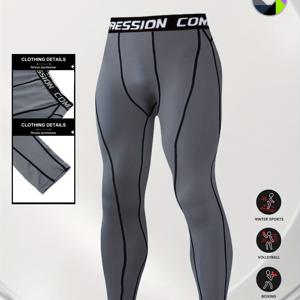 TEMU 남성 가을/겨울용 피트니스 레깅스, 타이트핏, 속건성 스포츠 바지 (레터 허리 밴드), 러닝 및 야외 운동용 단색