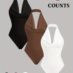 TEMU 여성용 3피스 단색 V넥 홀터넥 백리스 점프수트, 편안하고 다재다능한 러플 칼라 , 사계절용, 단품 및 레이어드 착용