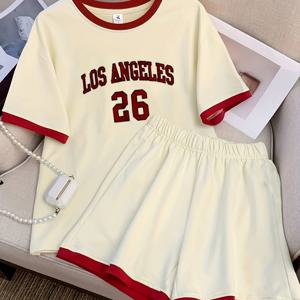 TEMU 2pcs 여아용 중대형 사이즈 여름 세트, 한국 스타일 티셔츠와 반바지 캐주얼 반팔 레터 프린트 패션 투피스 세트, 아웃도어에 완벽한