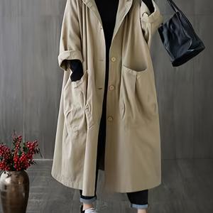TEMU 플러스 사이즈 - 플러스 사이즈 - 이 새로운 루즈핏, 안감 없는, 가벼운 여성용 트렌치 코트는 7부 소매와 후드가 특징이며, 65-100kg 사이의 여성에게 적합합니다.
