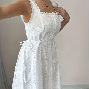 TEMU 여름 우아한 단색 자수 스퀘어넥 민소매 화이트 여름 휴가 드레스
