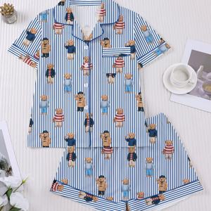 TEMU 곰 프린트 여성용 파자마 세트 2pcs, 반팔 버튼다운 셔츠와 루즈핏 신축성 반바지, 집과 야외용 캐주얼하고 편안한 수면복