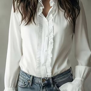 TEMU Cherry Bean 2026 여성용 화이트 플리츠 러플 밑단 셔츠 긴소매 플레어 소매 출퇴근용 사무실용 여성 엘레강스 상의