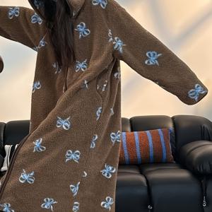 TEMU 스위트 윈드 보우 패턴 롱 지퍼 캐주얼 여성용 목욕 가운, 멜라드 빈티지 코랄 플리스 후드 파자마 여성용, 가을 및 겨울용 두꺼운 따뜻한 홈웨어, 롱 로브