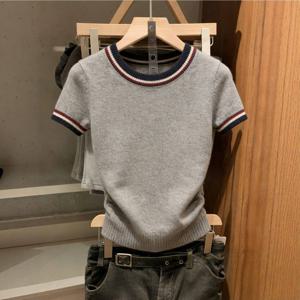 TEMU 여성용 클래식 엘레강스 스타일 반팔 베이스 레이어, 봄/여름 상의, 그레이 베이스 레이어 상의