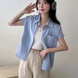 TEMU 2026 초가을/초여름 여성용 숏 포멜로 셔츠, 새로운 여름 한국 스타일 심플 브이넥 앞단추 루즈핏 캐주얼 릴랙스 출퇴근용 상의