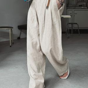 TEMU 남성용 리넨 수트 팬츠 - 벨트 미포함 | 출퇴근용 | 통기성 좋은 루즈핏 레그 지퍼 클로저 바지 | 사무실용 정장복 단색 전문가용 바지 | 사계절 활용도 높은 리넨 수트 (손세탁 가능)