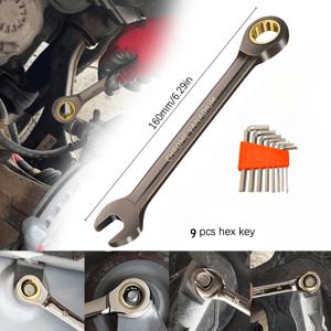 TEMU 9개 세트 (니켈 도금 ラ쳇 고정 헤드 렌치 1개 + 업그레이드된 강화형 육각 렌치 8개 세트), 니켈 도금 표면 렌치, 72톱니 라쳇 렌치, 크롬 바나듐 강철, 인체공학적 그립, DIY 하드웨어 공구, 수공구, 가정 수리 공구, 자동차 수리 공구