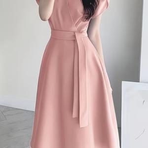 TEMU 여성 벨트 원피스, 단색 루즈핏 우아한 퍼프 소매 V넥 타이 허리 A라인 미디 드레스 - 가볍고 통기성 좋은 여름 출퇴근 및 파티 원피스, 결혼식 손님, 파티 또는 여름 의상, 캐주얼 출퇴근에 적합