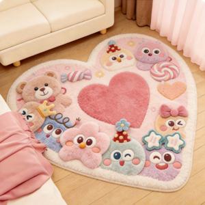 TEMU 인조 캐시미어 + 900G + 9Mm 귀여운 힐링 마카롱 컬러 패치워크 곰돌이와 별 패턴 침실 장식 카펫, 한국 스타일 하트 플로럴 거실 소파 플러시 러그, 세탁 가능 및 미끄럼 방지 욕실 매트