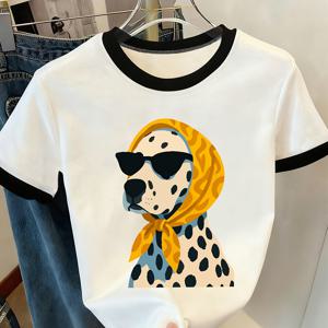 TEMU 달마시안 프린트 티셔츠 - 반점 강아지 여름 반팔 크루넥 상의, 컬러 블록 캐주얼 블라우스 셔츠, 더운 날씨에 적합, 기계 세탁 가능, 비정장 의상