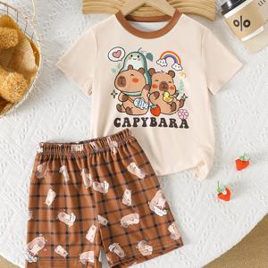 TEMU 어린이 의류: 소년용 패션 카툰 카피바라 프린트 반팔 셔츠와 체크무늬 반바지, 4-12세, 소녀용 홈웨어 파자마 세트, 야외 착용 가능, 난연 소재
