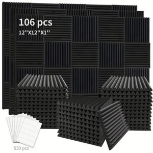 TEMU 106개 고밀도 흡음재 패널, 크기: 12X12X1인치, 고밀도 흡음 웨지 타일, 소음 감소 및 방음용, 녹음 스튜디오, 홈 시어터, 사무실 및 게임 룸에 적합 (검은색 106개)