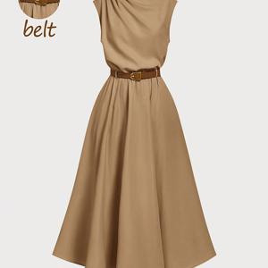 TEMU 프렌치 하이엔드 단색 민소매 허리 숄더 플리츠 디자인 드레이핑 원단 라지 스커트 A라인 드레스 라이트 럭셔리 템페라멘트 데일리 출퇴근 패션 우아한 여성 드레스 (벨트 포함)