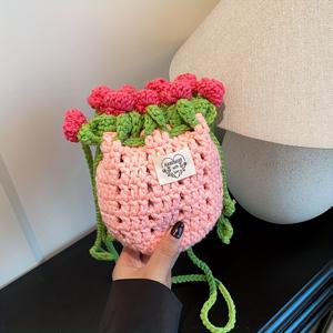 TEMU 여성용 크로스백 - 달콤하고 사랑스러운 꽃 핸드메이드 니들 훅 직조 백, 한국 스타일 신상 대비 컬러 버킷백, 니치 디자인 심플, 쇼핑용 휴대폰 가방