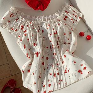 TEMU 여성 체리 프린트 탑, 프렌치 여성스러운 프린트 오프숄더 버튼 버섯 엣지 반팔 티셔츠 탑 셔츠 블라우스 여성 여름 디자인 슬림핏 오프숄더 탑 여름, 봄, 가을, 데이트 파티 출퇴근 댄스 웨어에 적합