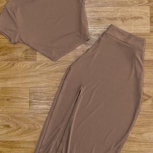 TEMU 2pcs 세트 여성 캐주얼 크루넥 반팔 티셔츠 & 탄성 허리 사이드 스플릿 롱 스커트 | 단색, 슬림핏, 올 시즌