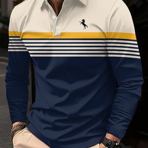 TEMU 남성용 긴팔 셔츠 - 달리는 말 로고, 대비되는 칼라, 클래식 버튼 앞면, 세탁기 사용 가능, 다용도 캐주얼 세미 포멀 스타일