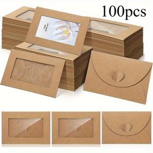 TEMU 50/100개 미니 모종 크라프트 종이 선물 카드 봉투 (하트 잠금 장치 포함) - 10.16 X Cm 결혼식, 기업 행사용 우아한 감사 카드 - 밝은 갈색/흰색 자체 접착 인사 카드 홀더