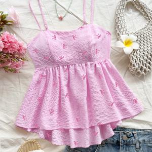 TEMU 달콤한 리본 자수 스파게티 스트랩 탑, 신축성 있는 허리와 러플 밑단, 귀여운 숏 블라우스