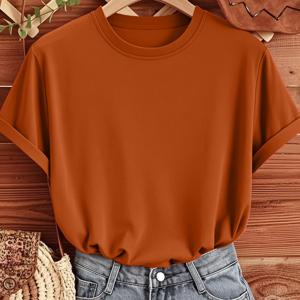 TEMU 여성용 빈티지 브릭 레드 솔리드 컬러 반팔 티셔츠 - 캐주얼 라운드넥 블라우스, 직장, 데이트, 캐주얼 웨어에 적합 - 봄 여름 워드로브 필수 아이템