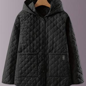 TEMU 플러스 사이즈, 가을/겨울 얇은 단색 격자무늬 패딩 후드 코트, 여성용 활용도 높은 아웃도어 격자무늬 재킷, 캐주얼 레귤러 핏, 초가을/초겨울용, 엄마용 미디엄 기장 얇은 코트, 패셔너블하고 활용도 높은 15°-20°용 얇은 패딩 엄마 코트