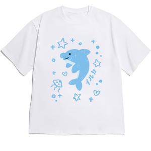 TEMU 2026 봄/여름 신상 드롭숄더 반팔 티셔츠, 라이트 블루 손그림 스타일 고래 및 해파리/별/하트 장식, 일본어 