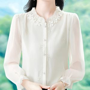 TEMU 프렌치 스위트 자수 레이스 트림 쉬폰 블라우스 여성 봄 2026 신상 감성 롱 슬리브 탑