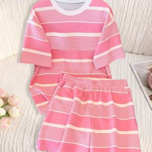 TEMU 2pcs 여아용 패셔너블 여름 세트, 핑크 & 화이트 반팔 티셔츠 + 매칭 프린트 캐주얼 반바지, 여아 데일리 이지 편안한 캐주얼 소프트 다용도 젊고 에너쥬틱한 의류, 야외용