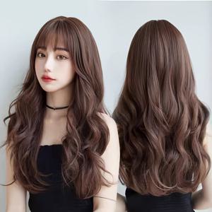 TEMU 에어 앞머리 롱 컬리 풀헤드 가발 1개, 고온 섬유 자연스러운 인조머리, 얼굴을 더 풍성하게 보이는 푹신함, 답답함 없는 편안함을 위한 통기성 있는 내부 망사, 일상 출퇴근, 데이트, 외출용으로 활용도 높음, 매끄럽고 엉키지 않아 관리가 쉬움, 자연스럽고 사실적인 두피, 모든 휴일에 적합, 일반 착용