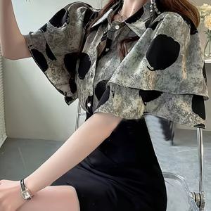 TEMU 우아한 물방울 무늬 프린트 이중 레이어 퍼프 반팔, 업무 및 모임에 적합한 다용도 스타일