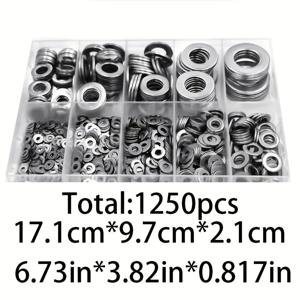 TEMU 304 스테인리스 스틸 재질의 납작한 와셔 1250개 세트 (사이즈 M2, M2.5, M3, M4, M5, M6, M8, M10, M12). 가정 장식, 수리, 주방, 상점 및 야외 건설에 적합한 다양한 사이즈 와셔 키트