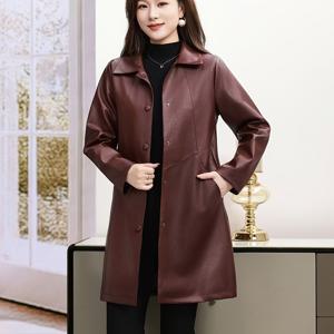 TEMU 여성용 봄/가을 허리 슬림 PU 미디엄 레더 자켓