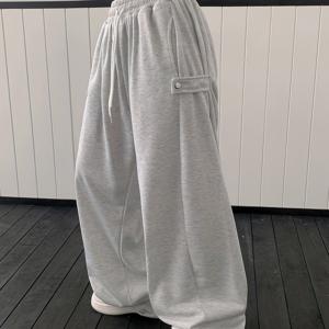 TEMU 한국 스타일 오버사이즈 카고 팬츠, 탄력 있는 허리 & 사선 버튼 클로저 - 와이드 레그 작업복 바지, 가을/봄용 포켓, 캐주얼 또는 프로페셔널 착용 (단색)