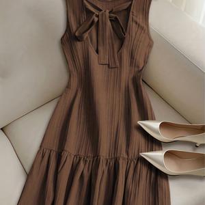 TEMU 셀프 디자인 여성용 봄/여름 백리스 타이스트랩 민소매 A라인 러플 밑단 캐주얼 미니 드레스, 여성 캐주얼 엘레강스 드레스, 홈파티 프리 여성 드레스